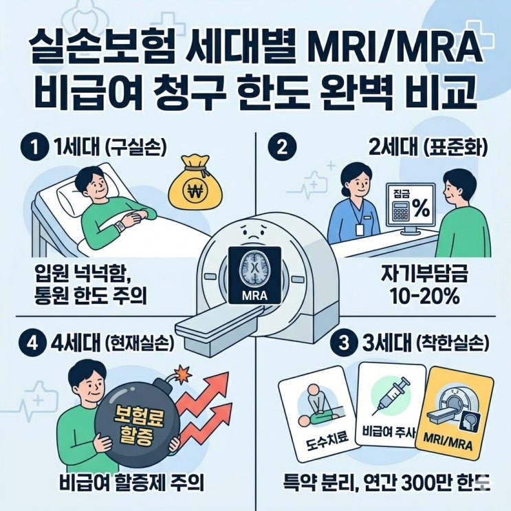  2026 최신 1~4세대 실손보험 MRI·MRA 비급여 청구 한도 완벽 비교 (입원 vs 통원)