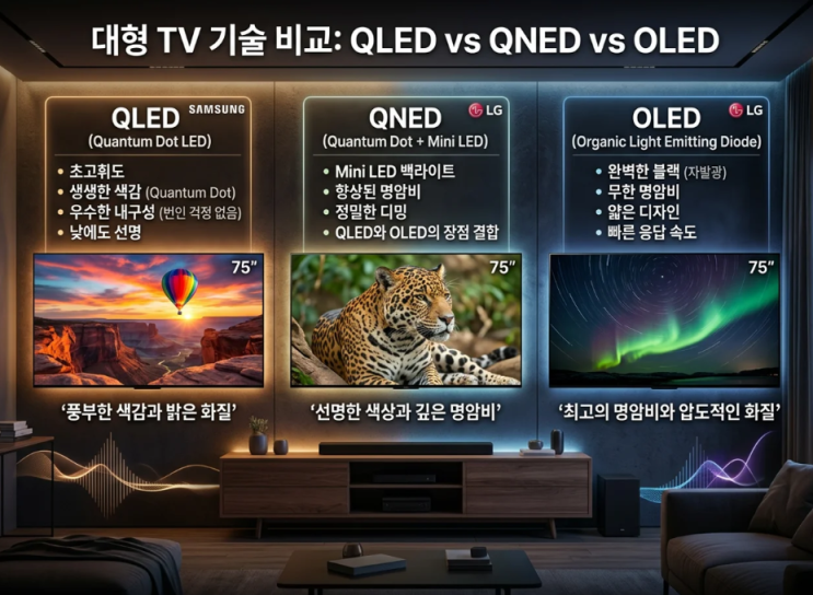  QLED QNED OLED차이 75~77인치TV가격 대형티비 추천