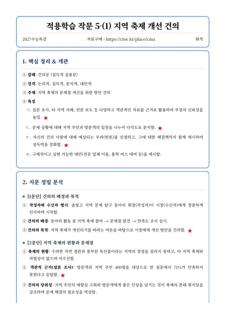  2027수능특강 화작 [적용학습 작문] 5-(1) 지역 축제 개선 건의 핵심정리&변형문제  [수원CMA면접대비학원]