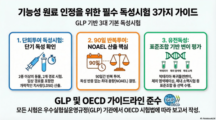  [개별 인정형 원료]  GLP 기관에서 필수적으로 수행해야 하는 '기본 독성시험 3가지(단회 투여, 90일 반복투여, 유전독성 시험)'의 구체적인 가이드라인