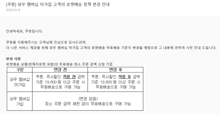  쿠팡 무료 배송 기준, 최종 결제 금액순으로 바뀐다