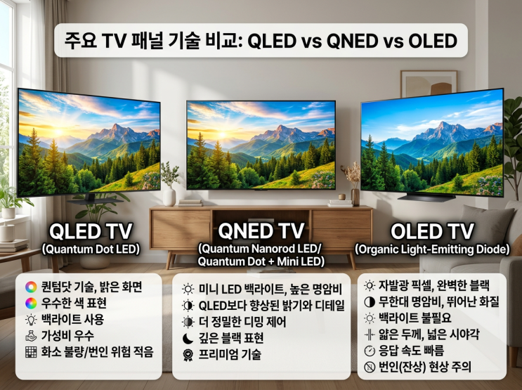  QLED QNED OLED차이비교 화질, 디자인, 가격 퀀텀 나노셀 등