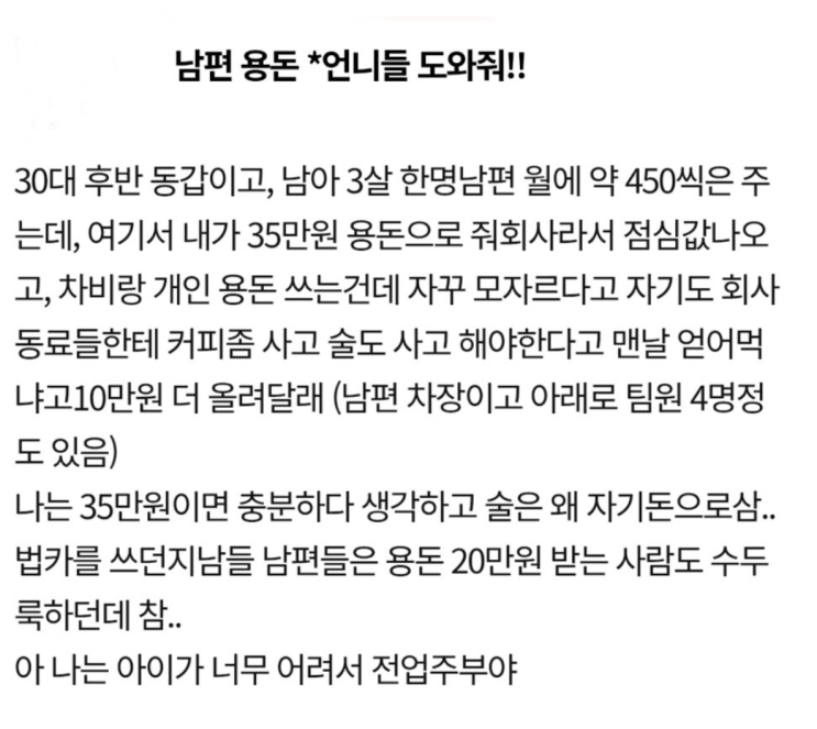   "차장이 법카로 술을 쏴?" 35만 원 용돈에 묶인 남편… 네티즌들 "사정 모르는 소리" 분노 폭발!