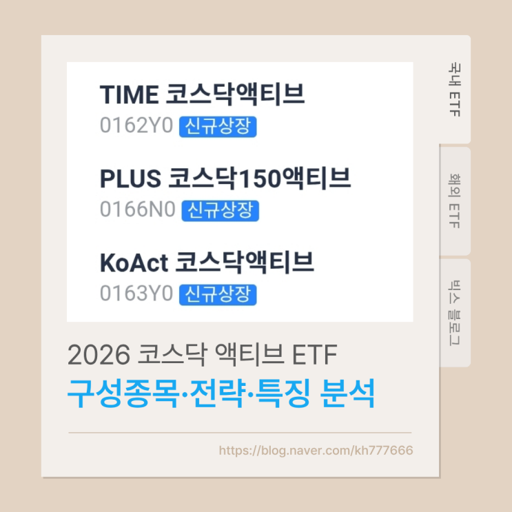  2026 코스닥 액티브 ETF 3종 완벽 비교! KoAct(0163Y0) vs PLUS(0166N0) vs TIME(0162Y0) 구성종목·전략·특징 분석