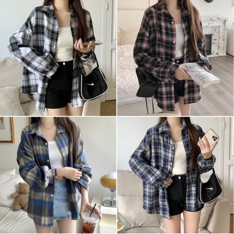 빈티지 루즈핏 여성 체크남방 간절기 셔츠 캐주얼 블라우스 베이직 긴팔 배색 체크 남방