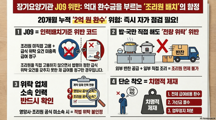  장기요양기관 J09 위반 — 조리원·급식 위탁 기준 위반으로 환수 예정 통보