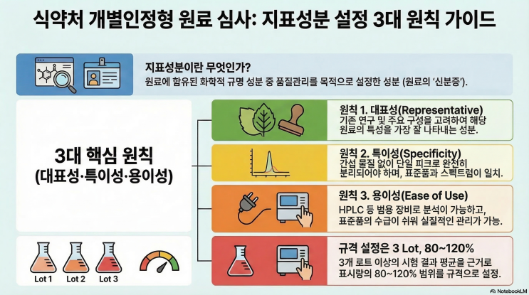  [개별 인정형 원료 심사] 식약처가 요구하는 '지표성분'  3대 원칙 심층 해부 (대표성·특이성·용이성 완벽 가이드)