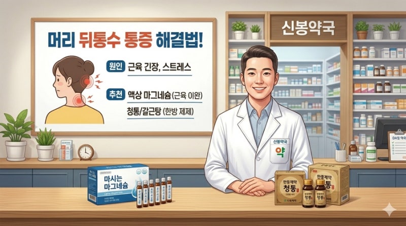 뒷골이 땡기고 머리 뒤통수가 아플 때 원인과 직빵 해결법 (feat. 약국약 추천) | 신봉약국