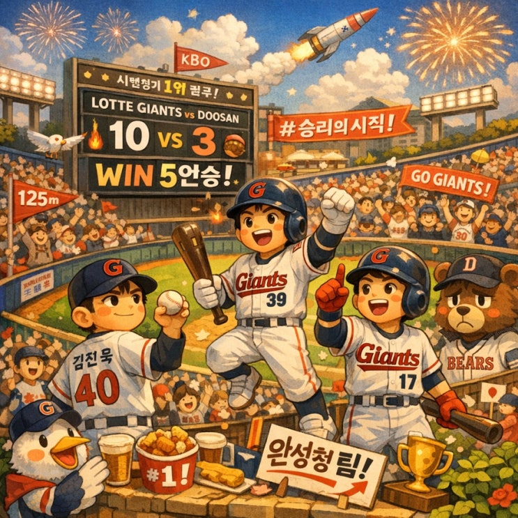  <b>롯데</b> 자이언츠, 시범경기 1위 질주!  두산까지 꺾고 <b>5연승</b>... 