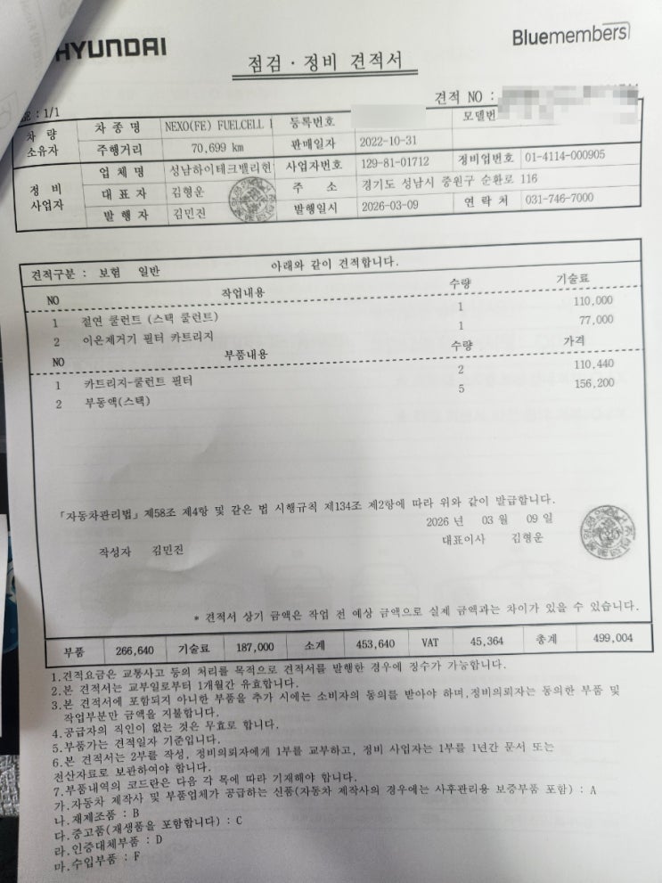  넥소(NEXO)-"연료전지 냉각수 및 필터를 점검하십시오"