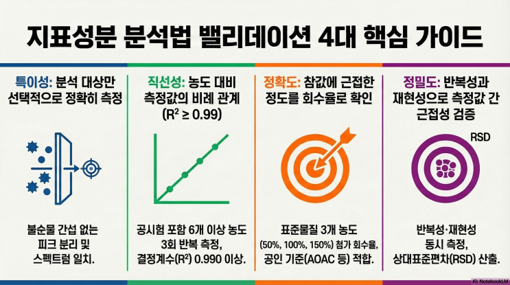  [건강기능식품 개별 인정형 원료] 지표성분 분석 법 밸리데이션(Validation) 4대 핵심 완벽 실무 가이드: 특이성·직선성·정확도·정밀도