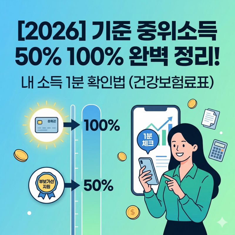 [2026] 기준 중위소득 50% 100% 뜻 완벽 정리! 내 소득 1분 확인법 (건강보험료표)