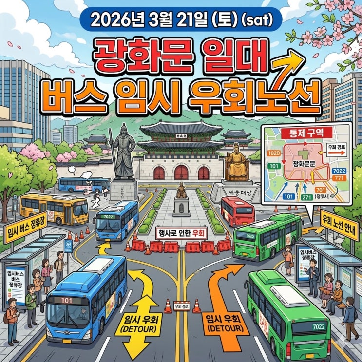  2026년 3월 21일 광화문 일대 버스 임시 우회노선 안내 (우회 버스 번호, 노선 정리)