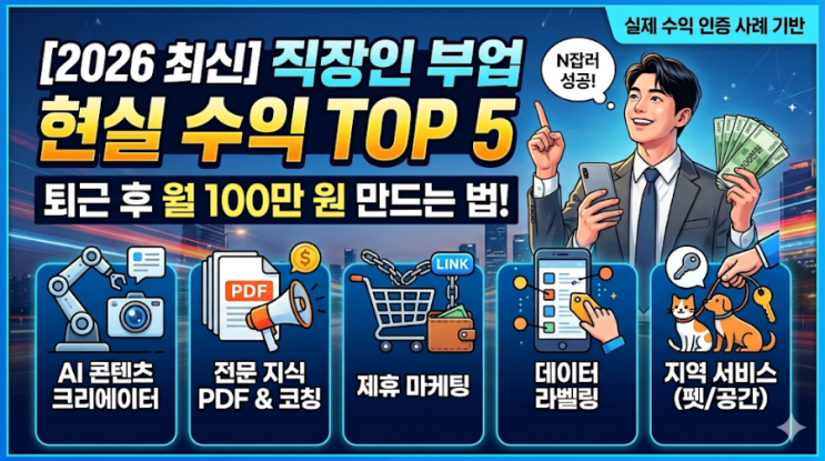 [2026년 최신] 직장인 부업 현실 수익 TOP 5: 퇴근 후 월 100만 원 만드는 법