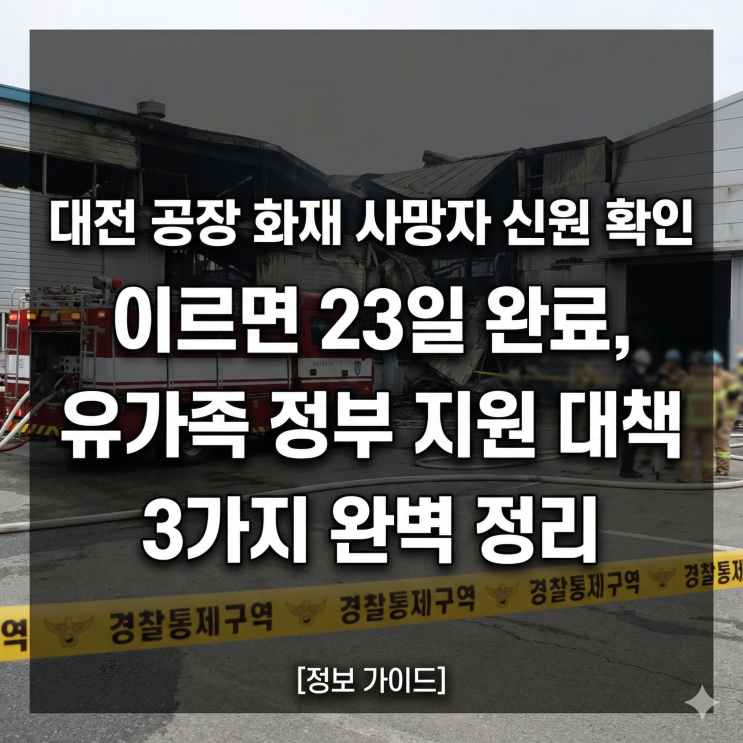  대전 공장 화재 사망자 신원 확인 이르면 23일 완료, 유가족 정부 지원 대책 3가지 완벽 정리