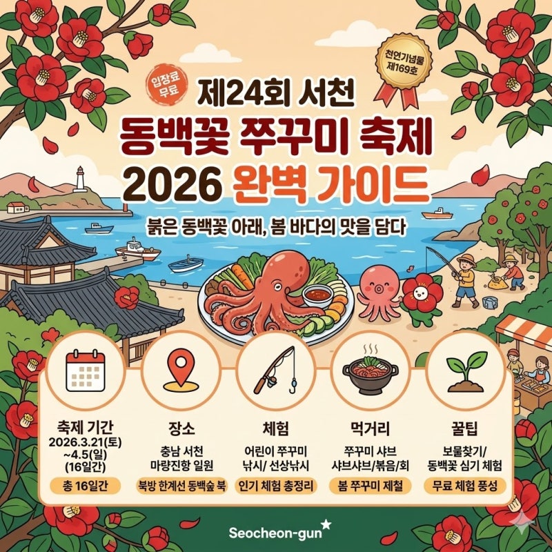 2026 서천 동백꽃 쭈꾸미 축제 완벽 가이드 일정·주차·체험비 총정리