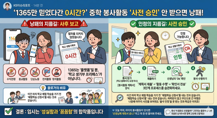  "1365만 믿었다간 0시간?" 중학 봉사활동 '사전 승인' 안 받으면 낭패!