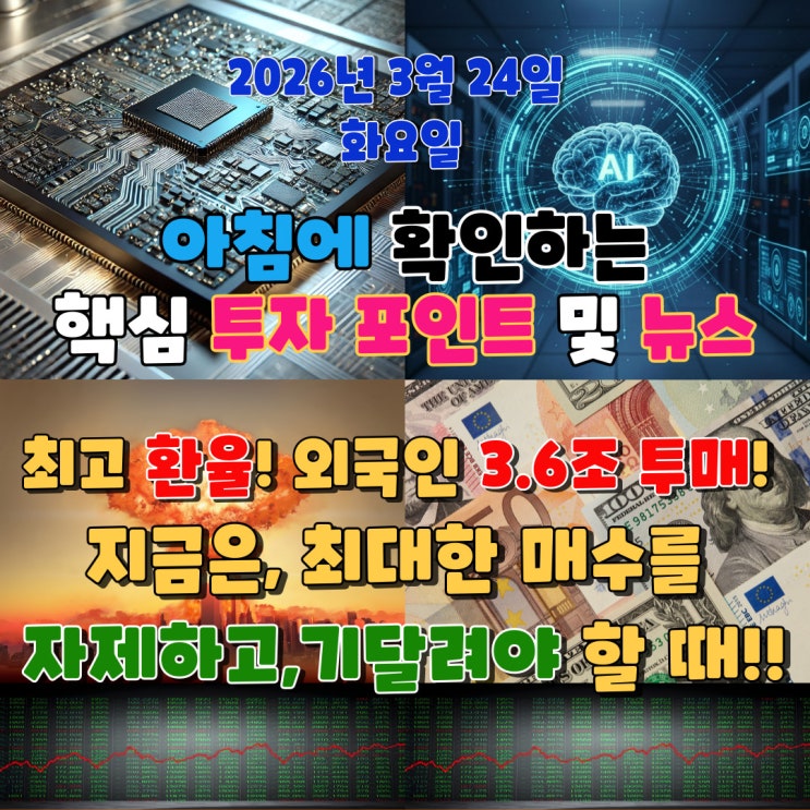  2026년 3월 24일(화) 핵심 투자 포인트 및 뉴스(최고 환율! 외국인 3.6조 투매! 지금은, 최대한 매수를 자제하고,기달려야 할 때!! )