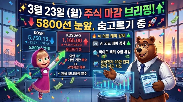 [3월 23일 증시 마감] 코스피 5800선 눈앞에서 '쉼표', 코스닥은 AI·바이오 웃었다. 오늘의 주식 시황 요약: 마샤와 곰도 놀란 수급 공방전, 삼성전자 '20만 전자'