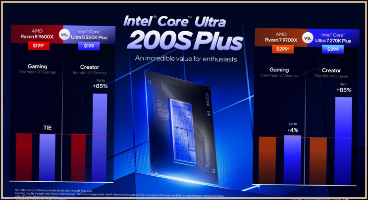  인텔 CPU 코어 울트라 7 270K 플러스 코어 울트라 5 250K 플러스 공식 벤치마크