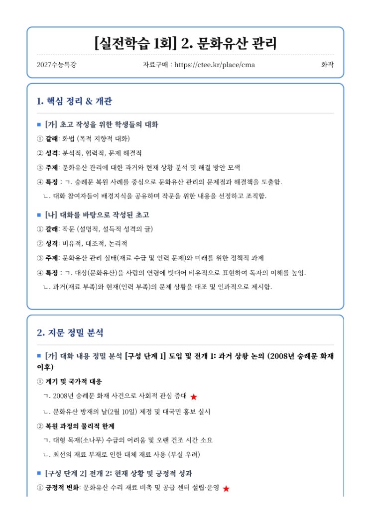  2027수능특강 화작 [실전학습 1회] 2. 문화유산 관리 핵심정리&변형문제  [수원CMA교과면접대비학원]