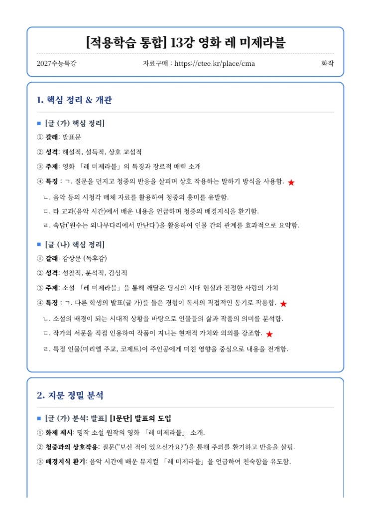  2027수능특강 화작 [적용학습 통합] 13강 영화 레 미제라블 핵심정리&변형문제  [우만동CMA창현고국어영어학원]