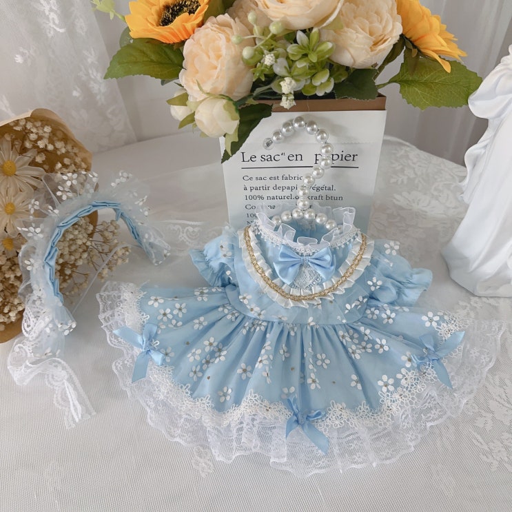  20cm 하늘빛 플라워 원피스 세트 인형옷 롱바디 체형 아이돌인형옷
