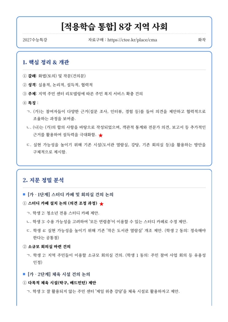  2027수능특강 화작 [적용학습 통합] 8강 지역 사회 핵심정리&변형문제  [수원CMA비교과컨설팅학원]