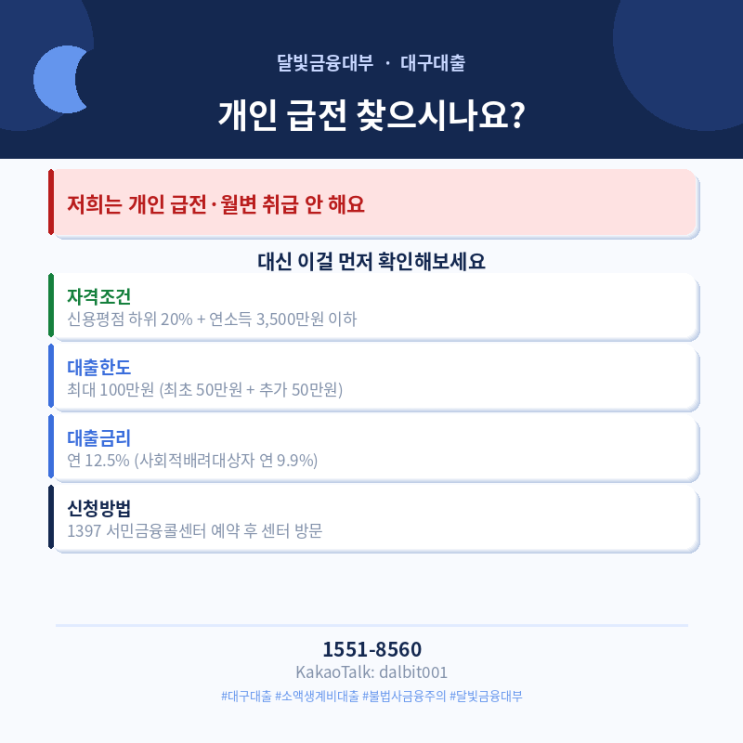  대구대출 | 소액생계비대출 자격조건·한도·신청방법 한번에 정리 | 달빛금융대부