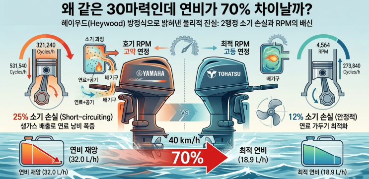  야마하/도하츠/시노보/ 머큐리 30마력 이하 선외기 엔진 연비 및 성능 특징 비교 차트