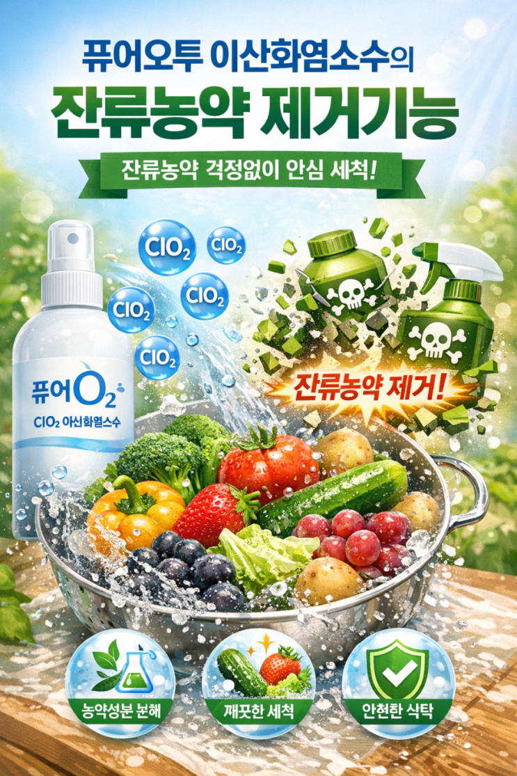  퓨어오투 이산화염소수의 잔류농약 제거 원리 및 특징 퓨어오투 이산화염소수(ClO_2)는 강력한 산화력을 바탕으로 농작물에 남아있는 잔류농약을 효과적으로 분해하고 제거