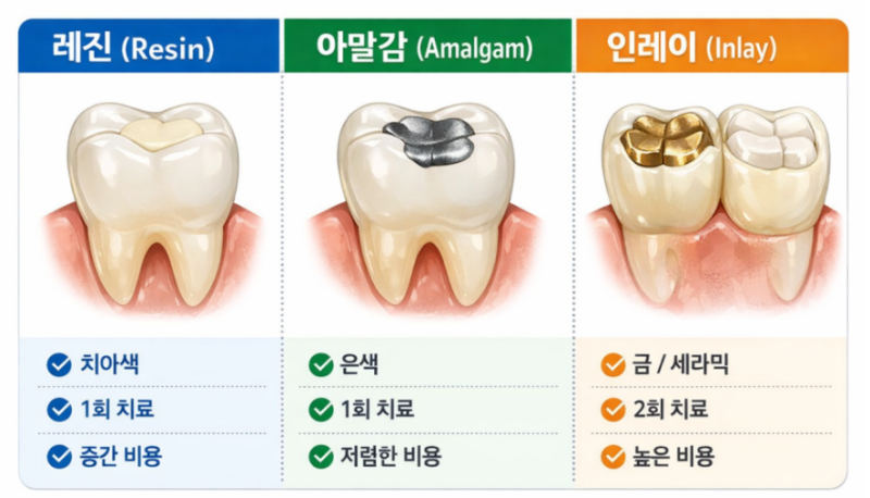 충치 이빨 때우는 재료 차이점 총정리 (레진,아말감,인레인)