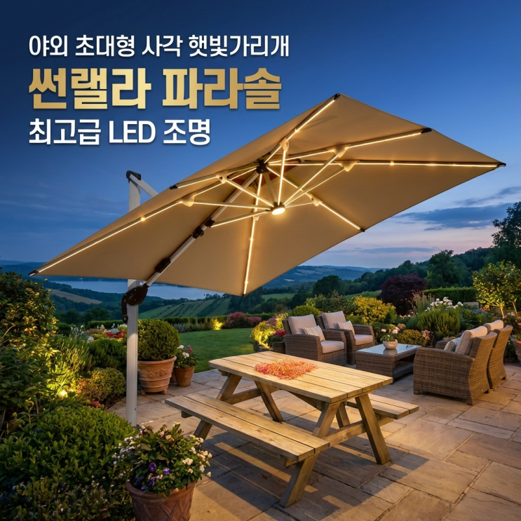  썬랠라 파라솔 최고급 LED 조명 야외 초대형 사각 햇빛가리개