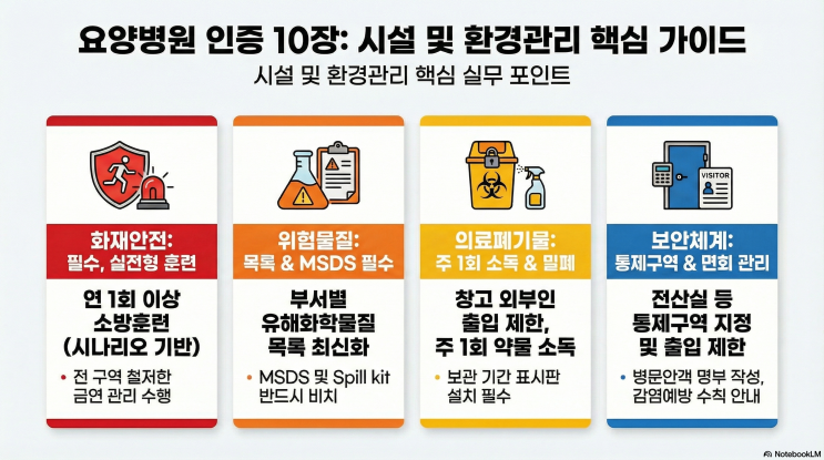  4주기 요양 병원 인증 평가: 제10장 시설 및 환경 관리(화재안전 필수 항목, 위험 물질, 보안체계)