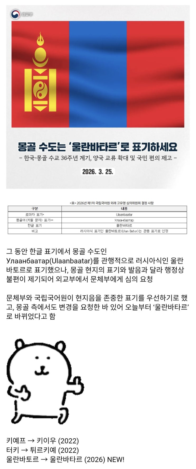  한국에서 몽골 수도 표기가 '울란바타르'로 변경
