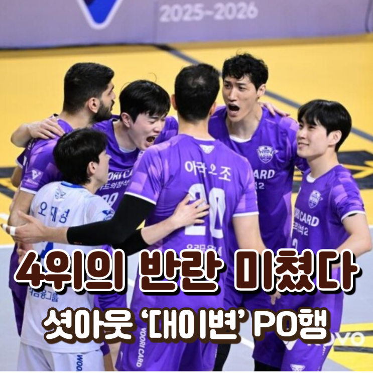  “4위의 반란 미쳤다” 우리카드, KB손보 셧아웃 ‘대이변’ PO행