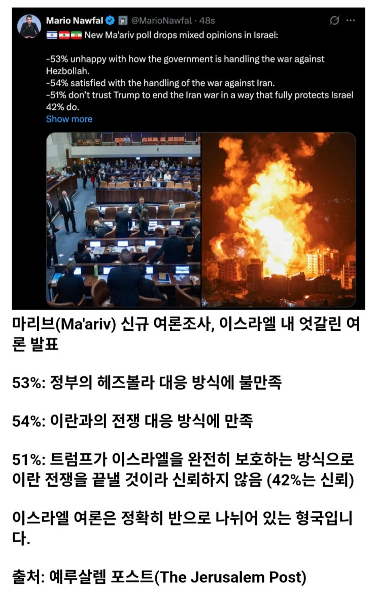  이스라엘, "이란전 만족 54%"