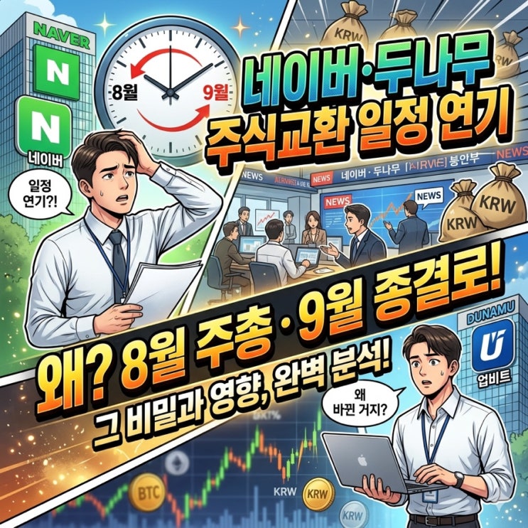 네이버·두나무 <b>주식교환</b> 3개월 <b>연기</b>, 8월 주총·9월 종결로... 