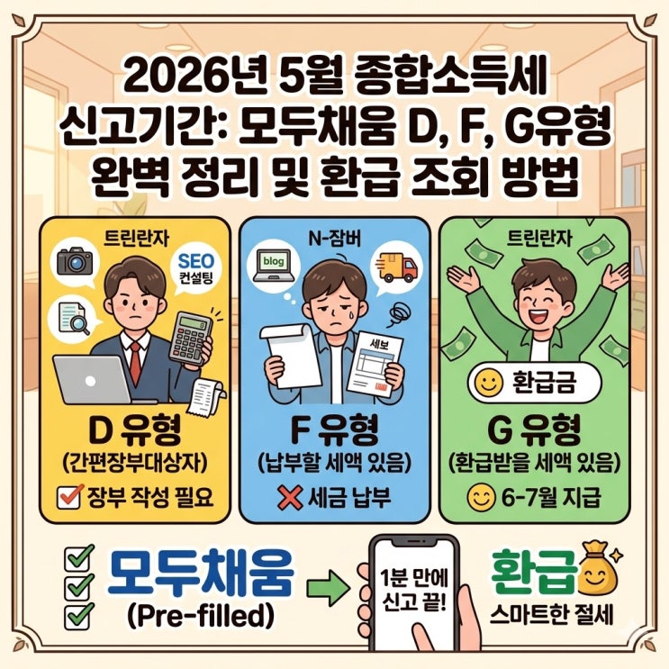  2026년 5월 종합소득세 신고기간: 모두채움 D, F, G유형 완벽 정리 및 환급 조회 방법