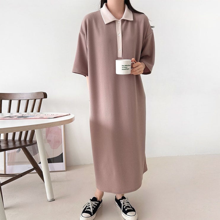  여자 카라 배색 원피스 추천 루즈핏 스판 반팔 롱원피스 출근룩 데일리룩
