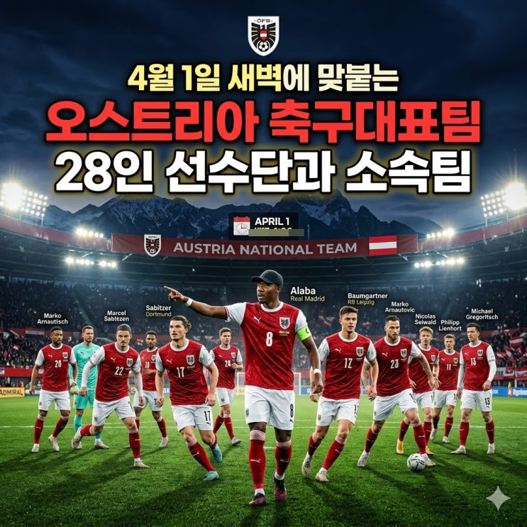  4월 1일 새벽에 맞붙는 오스트리아 축구대표팀 28인 선수단과 소속팀