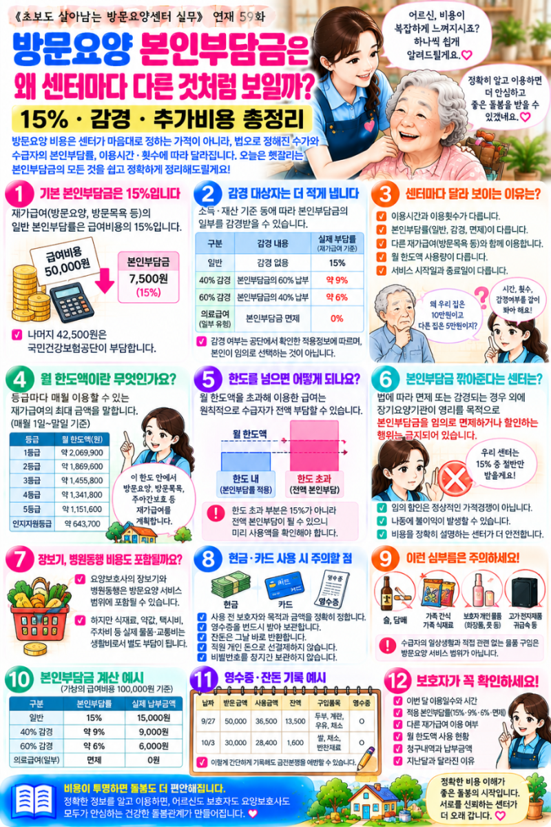 방문요양 본인부담금은 왜 센터마다 다른 것처럼 보일까? 15%·감경·추가비용 총정리