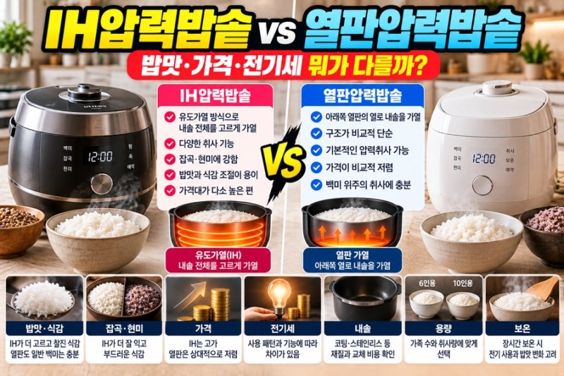 IH압력밥솥 vs 열판압력밥솥 차이, 밥맛·가격·전기세 뭐가 다를까?