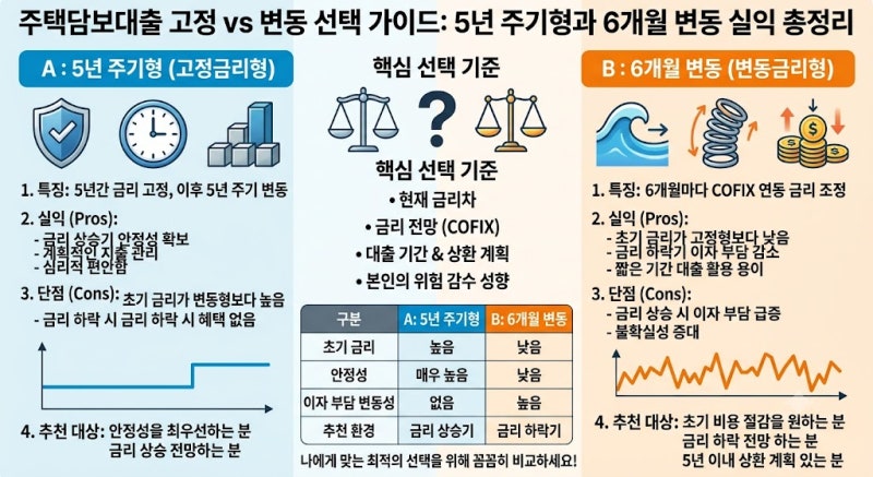 주택 담보대출 고정 vs 변동 선택 기준: 5년 주기형과 6개월 변동 실익 총정리
