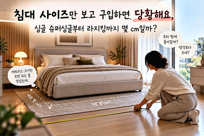 침대 사이즈만 보고 구입하면 당황해요, 싱글 슈퍼싱글부터 라지킹까지 몇 cm일까?