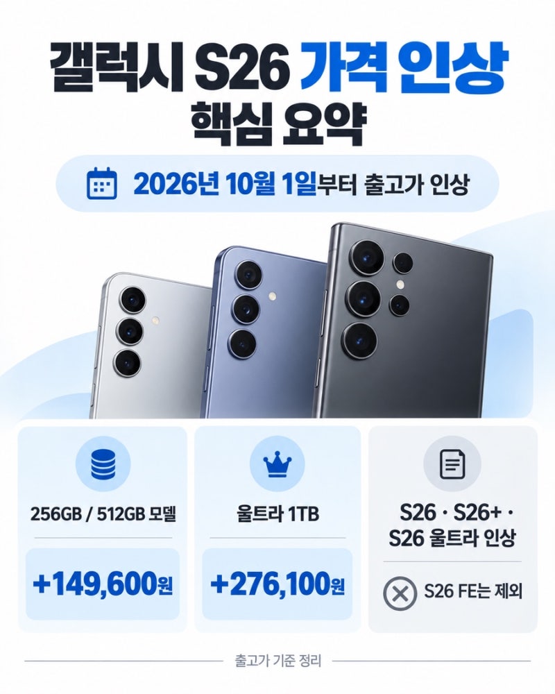 갤럭시 S26 가격 15만원 인상, 모델별 출고가 얼마나 올랐나?