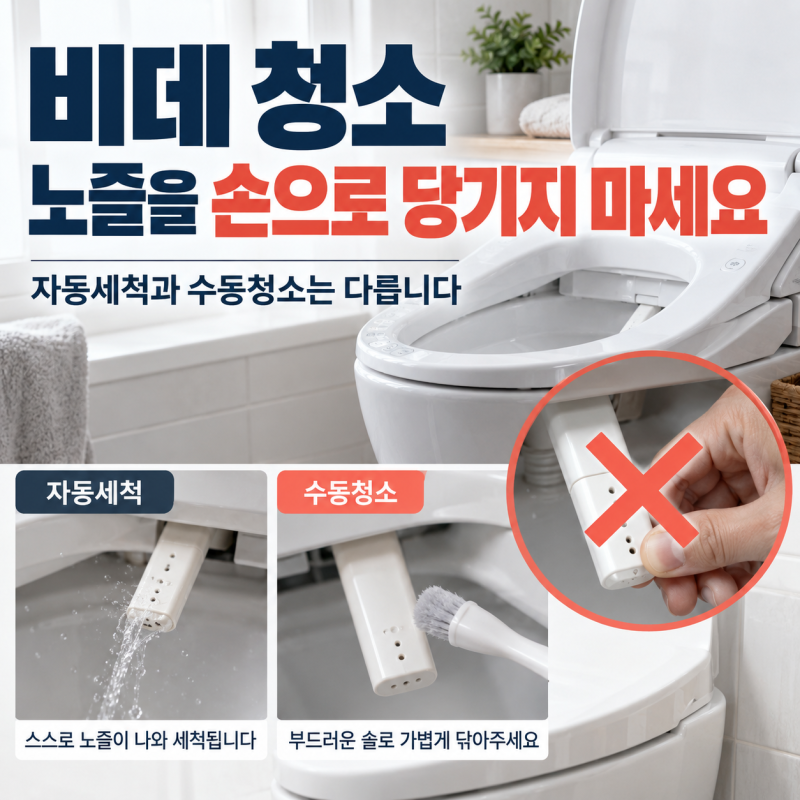 비데 노즐 청소, 손으로 당기지 마세요｜버튼으로 꺼내고 복귀시키는 순서