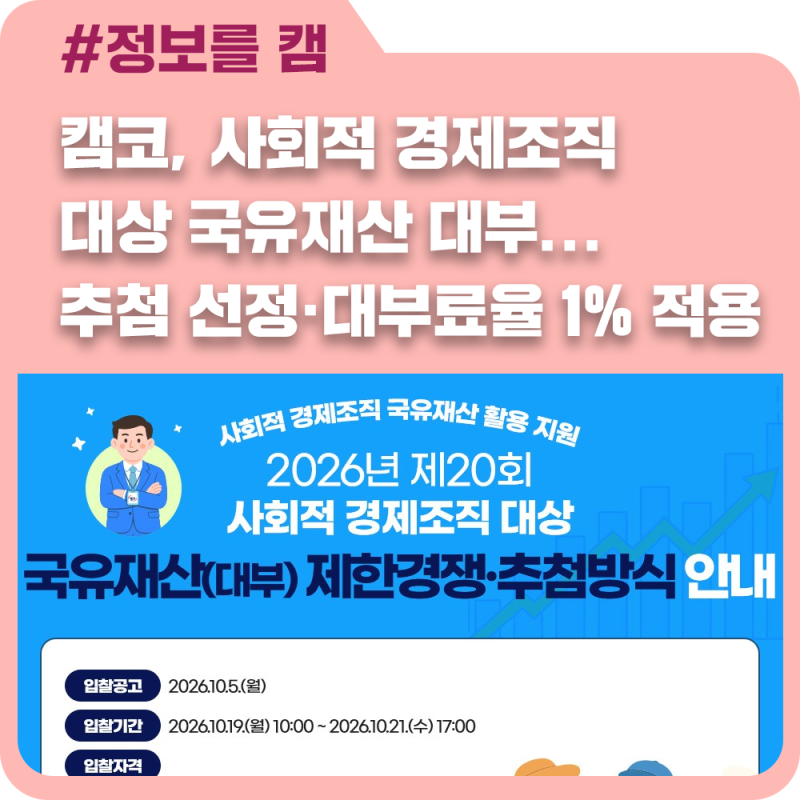 캠코, 사회적 경제조직 대상 국유재산 대부...추첨 선정·대부료율 1% 적용
