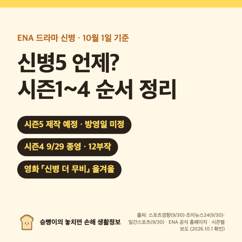 신병5｜제작 예정 · 방영 시기 미정 · 시즌4 사보타주 12부작 9/29 종영 · 시즌1~4 채널·회차·....