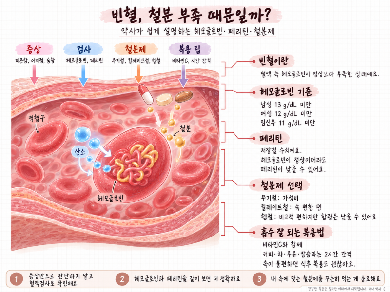 빈혈 수치 기준과 페리틴, 철분제 종류·먹는시간·부작용까지 약사가 정리했어요